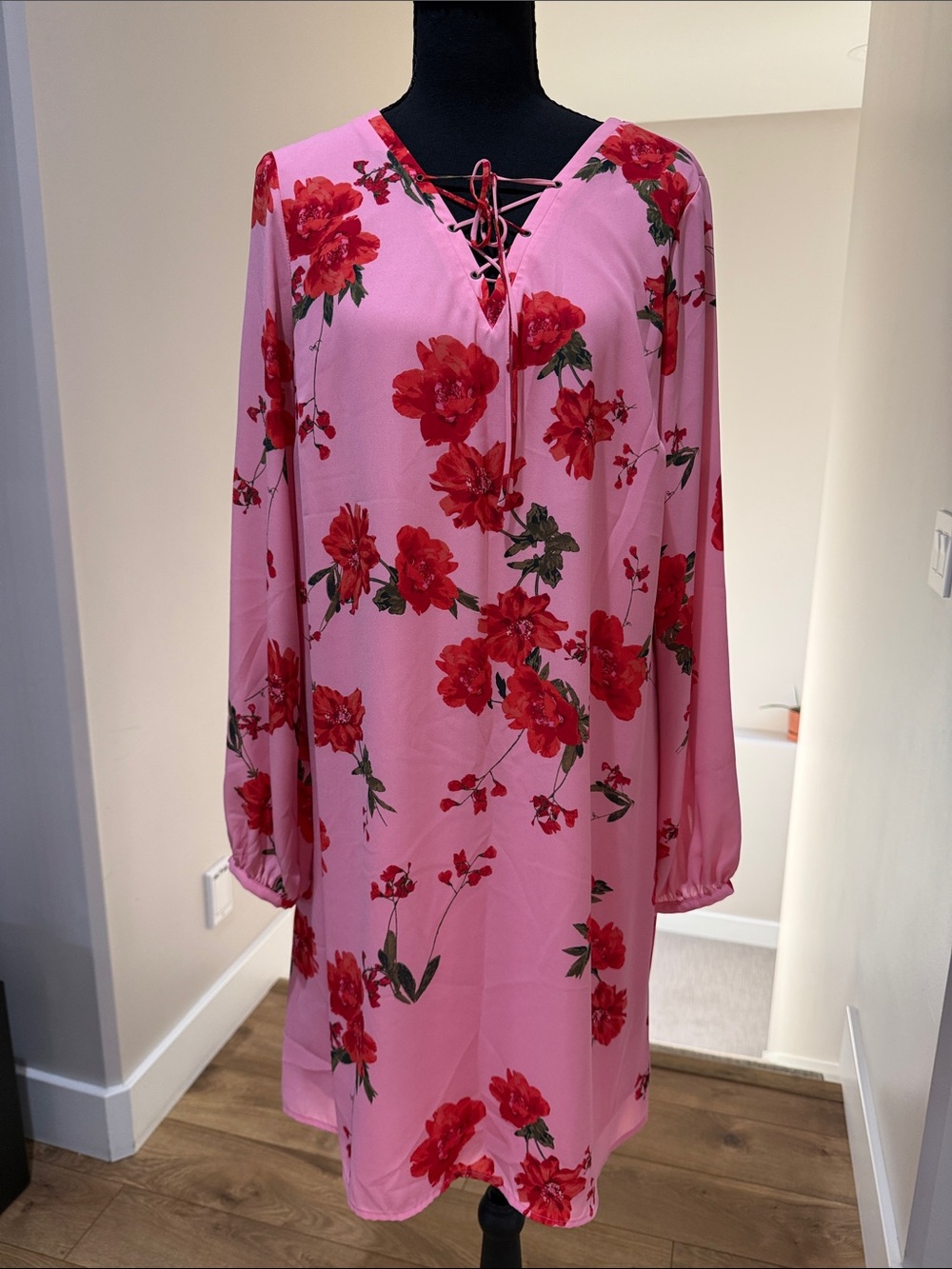 Worthington Pink Floral Lace-Up Long Sleeve Dress